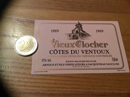 Etiquette De Vin 1989 «Côtes Du Ventoux - Vieux Clocher - ARNOUX ET FILS - VACQUEYRAS (84) » - Côtes Du Ventoux