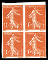 (*) N°135, Semeuse 10c Rouge Sur Papier Pelure Non Dentelé En Bloc De 4, TB (certificat)  Qualité: (*) - Unused Stamps