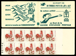 ** N°1331A-C2, Coq, 0,30Fr Rouge Carnet De 20 Timbres: TOUS LES TIMBRES SANS LA COULEUR VERTE Et VALEUR FACIALE EFFACEE, - Booklets