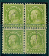 USA 1912-14 Sc#414 8c Pale Olive Green Franklin Perf 12 Wmk S/L Blk 4 FU Lot68966 - Autres & Non Classés