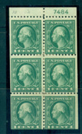 USA 1913-15 Sc#424d 1c Green Washington Perf 10 Wmk S/L Booklet Pane P#7484 MLH Lot68991 - Autres & Non Classés