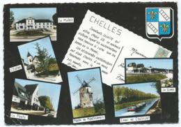 CPSM MULTIVUES CHELLES, PENICHE SUR LE CANAL DE CHALIFERT, LA GARE, MOULIN DE MONTFERMEIL, LA POSTE, L'EGLISE, LA MAIRIE - Chelles