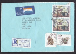 South Africa: Registered Airmail Cover To UK, 1989, 4 Stamps, Church, Flower, R-label Sunward Park (damaged, See Scan) - Lettres & Documents
