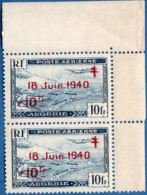 Algerie, 1947 Timbres Aérienne 10 + 10 Fr Pair Du Coin Droit Supérieure MNH Plié - Poste Aérienne