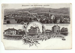 LITHO Braunton Gruss Aus BÜTSCHWIL Restaurant Z. Adler J. Gerig Coiffeur Schulhaus Buchdruckerei Guggenheim No. 8204 - Bütschwil-Ganterschwil