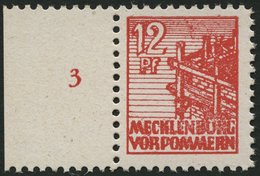 MECKLENBURG-VORPOMMERN 36xcc **, 1946, 12 Pf. Schwärzlichgraurot, Kreidepapier, Linkes Randstück, Pracht, Gepr. Kramp, M - Other & Unclassified