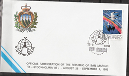 San Marino 1986 Special Cover And Cancellation   Stockholmia 86 - Stamp Exhibition, Mi 1344, Peace Year - Brieven En Documenten