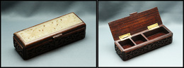 Boîte Rectangulaire En ébène à Décor Ajouré En Jade Sur Couvercle, 3 Comp., 125x45x28mm. - TB - Kisten Für Briefmarken