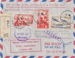 LETTRE. ALGERIE. 4 FEV 1957. PREMIERE LIAISON AERIENNE DIRECTE PARIS-AUCKLAND. RECOMMANDE ORAN   / 3 - Airmail