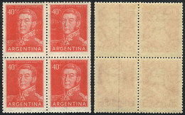 ARGENTINA: GJ.1040, 1954 40c. San Martín, Block Of 4 With Variety: 2 Stamps With VERTICAL LINE WATERMARK, VF Quality, Ra - Sonstige & Ohne Zuordnung