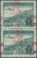 Albanien: 1952, Airmail Stamp 5 Lek In A Vertical Pair With Strongly Shifted Red Imprint, Always Min - Albanie