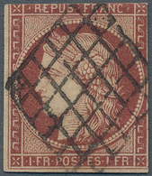 Frankreich: 1849, 1 Fr. Brown-carmine, Good Margins At Left And Right, Cut At Top, Used Grid Cancel, - Briefe U. Dokumente