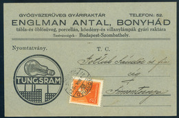 BONYHÁD 1934. Englman Antal, Dekoratív Tungsram Reklám Levelezőlap Simontornyára  /  Decorative Tungsram Adv. P.card To  - Brieven En Documenten