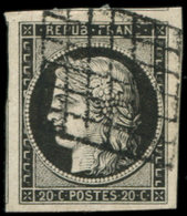 EMISSION DE 1849 - 3a   20c. Noir Sur Blanc, Oblitéré GRILLE, Grandes Marges, TTB/Superbe - 1849-1850 Ceres