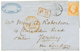 1856 40c(n°16) TTB Margé Obl. Roulette De POINTILLES FINS Sur Lettre De PARIS Pour JERSEY. Superbe Cachet D' Arrivée Au  - 1853-1860 Napoléon III