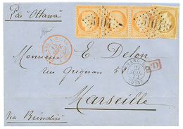 CHINA : 1872 FRANCE 10c EMPIRE + 40c SIEGE Bande De 3 Obl. GC 5104 + SHANG-HAI CHINE Sur Lettre Via BRINDISI Pour La FRA - 1871-1875 Cérès