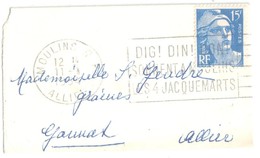 MOULINS RP Allier Carte De Visite Mignonette 15 F Gandon Bleu Yv 886 Ob Meca Secap 1954 Jacquemarts - Brieven En Documenten