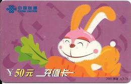 CARTE-PREPAYEE-2001-CHINE-50Y-CHINA UNICOM-LAPIN-GRATTEE-TBE-Plastic Epais-TBE - Rabbits