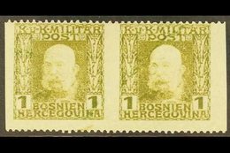 BOSNIA AND HERZEGOVINA 1912-14 1h Olive 'dry Print' VERTICALLY IMPERF HORIZONTAL PAIR Variety (Michel 64var, SG 362var), - Sonstige & Ohne Zuordnung