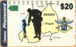 Rwanda - Telstra, Anritsu, Map Of Rwanda, Coats Of Arms, Peacekeeping Force, 6.000ex, Used As Scan - Rwanda