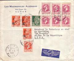 ALGERIE - LETTRE D' ALGER POUR LYON , TOTAL 15F40 , MARIANNE D'ALGER + BERLIOT SURCHAGE 2F SUR 5F ORAN 80C ALGER - 1956 - Lettres & Documents