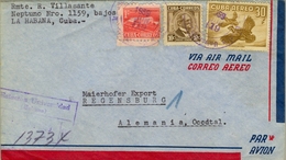 1959 CUBA , SOBRE CERTIFICADO , HABANA - REGENSBURG , CORREO AÉREO , FR. BÁSICA , AVES - Lettres & Documents