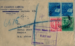 1947 CUBA , SOBRE CERTIFICADO , HABANA - KAMPALA , MAT. ESTACIÓN MERCADO , FR. TABACO , LLEGADA , RARO DESTINO - Lettres & Documents