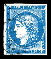 O N°44A, 20c Bleu Type I Rep 1. TB (signé Calves/Brun/certificat)  Qualité: O  Cote: 800 Euros - 1870 Emission De Bordeaux