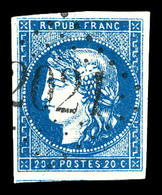 O N°44Aa, 20c Bleu-foncé Type I Report 1 Obl GC '2021', Belles Marges Avec Voisin, Très Jolie Couleur. SUP. (signé Schel - 1870 Emission De Bordeaux