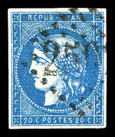 O N°44B, 20c Bleu-vif Type I Rep 2. TTB (signé Calves/certificat)  Qualité: O  Cote: 850 Euros - 1870 Emission De Bordeaux