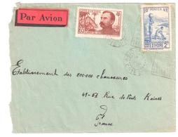 ABIDJAN Côte D'Ivoire Lettre Etiquette Par Avion 65c Binger 2 F Rapide 65c Binger Yv 139 128 Ob Daguin Flamme 1938 - Lettres & Documents