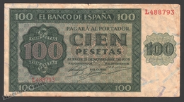 Banknote Spain -  100 Pesetas – November 1936 – Green Pattern And Burgos Cathedral Back - Condition FF - Pick 101a - 100 Peseten
