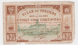 Verviers 1914 Guerre 14/18 Bon De Caisse De 25 Centimes Remboursable Lors Du Rétablissement De La Situation / RARE - Otros & Sin Clasificación