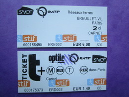 2 TICKETS  Métro Autobus Rer -  RATP - SNCF - PARIS -  2° Classe  - TBE - Welt