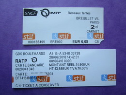 2 TICKETS  Métro Autobus Rer -  RATP - SNCF - PARIS -  2° Classe  - TBE - Welt