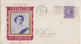 C FDC Obl. Toronto Le 1 Jun 1953 Sur TP 4c Violet = Tarif étranger (couronnement Reine Elisabeth) Pour La Réunion - Lettres & Documents