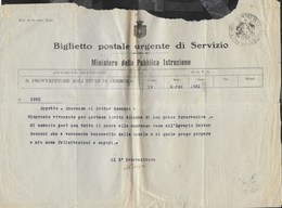 BIGLIETTO POSTALE URGENTE DI SERVIZIO - DA PROVVEDITORE CREMONA 19.03.1921 - MOD 25ter SERV. ELETT. - Andere & Zonder Classificatie