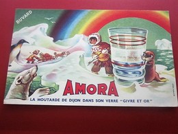 MOUTARDE AMORA VERRE GIVRE ET OR   - BUVARD Collection Illustré Publicitaire Publicité Alimentaire Moutarde - Senf