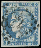 EMISSION DE BORDEAUX - 46Bh 20c. Bleu-OUTREMER, T III, R II, Obl. GC, Nuance Certifiée Calves, Petit Pelurage, Aspect TB - 1870 Emission De Bordeaux