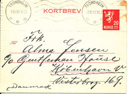 Norway Kortbrev Lettercard Sent To Denmark Trondheim 3-10-1938 - Brieven En Documenten