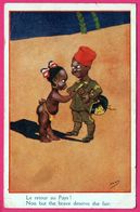 Illustration Signée MAC MAHON - Militaire Casque Pointe - Retour Au Pays ! - Enfants Noirs Nus - Edit. LAFAYETTE N° 011 - Mac Mahon