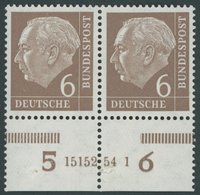 BUNDESREPUBLIK 180xHAN **, 1954, 6 Pf. Heuss, Unterrandpaar Mit HAN 15152.54 1, (Klammerspur), Marken Postfrisch, Pracht - Sonstige & Ohne Zuordnung