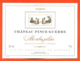 étiquette Vin De Monbazillac Chateau Pince Guerre 1998 Christophe Roche à Colombier - 75 Cl - Monbazillac