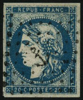 Oblit. N°44A 20c Bleu, Type I R1 Obl Ancre, Pli En Diagonale  - TB - 1870 Emission De Bordeaux