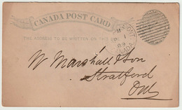 Carte Postale P7d (Webb) 1 Cent Gris De Belleville (Ont.) à Stratford (Ont.) Le 1/4/1889 - 1860-1899 Reign Of Victoria