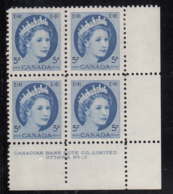 Canada 1954 MNH #341 5c Elizabeth II Wilding Plate 13 Lower Right Plate Block - Plate Number & Inscriptions