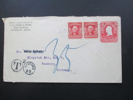 USA 1905 GA Umschlag Mit 2 Zusatzfrankaturen Saginaw Michigan - Hamburg Mit Nachporto Stempel T 20 Centimes - Lettres & Documents