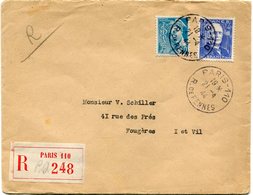 FRANCE LETTRE RECOMMANDEE DEPART PARIS 21-4-44 R. DE RENNES POUR LA FRANCE - 1938-42 Mercurio