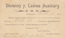 United States Postal Stationery Ganzsache PRIVATE Print DIVISION 7, LADIES AUXILIARY A.O.H., PHILADELPHIA 1902 - 1901-20