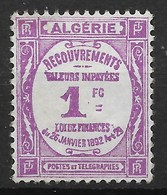 ALGERIE TAXE RECOUVREMENT 1F LILAS N° 19 NEUF * GOMME COULEE AVEC CHARNIERE - Segnatasse